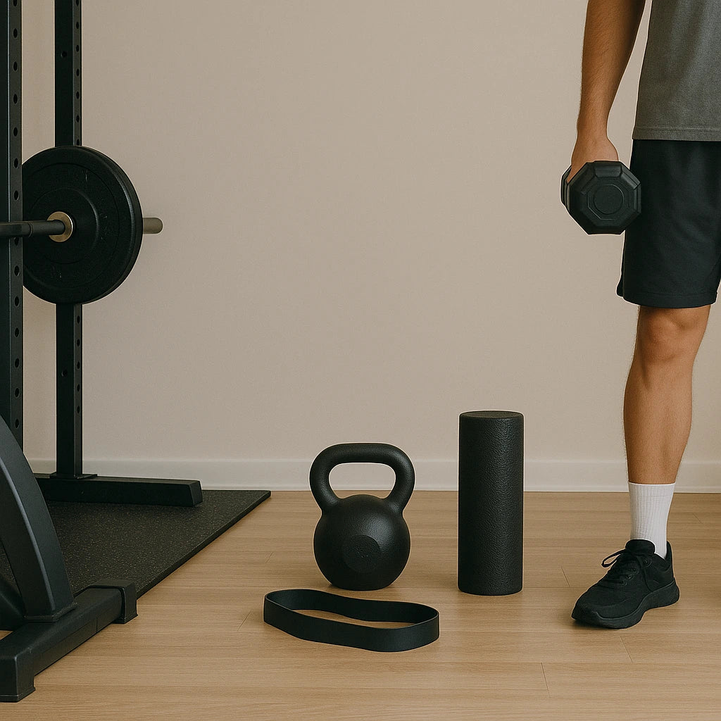 “A person holding a dumbbell stands next to a kettlebell, foam roller, and resistance band, illustrating a minimalist home gym setup — part of a visual comparison for choosing between gym membership and home gym equipment